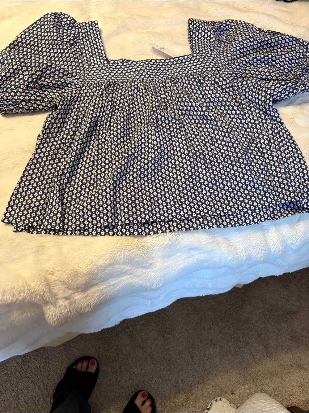 LOFT Navy Floral Square-Neck Puff Sleeve Top